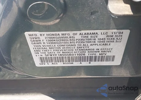 2005 Honda Pilot Ex-L z USA, uszkodzony, nr VIN 5FNYF18555B011026